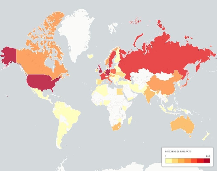 Carte des prix Nobel par pays. 
