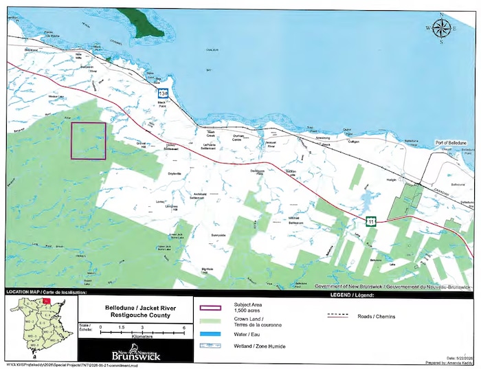 Carte géographique du nord du Nouveau-Brunswick indiquant l'emplacement du terrain.