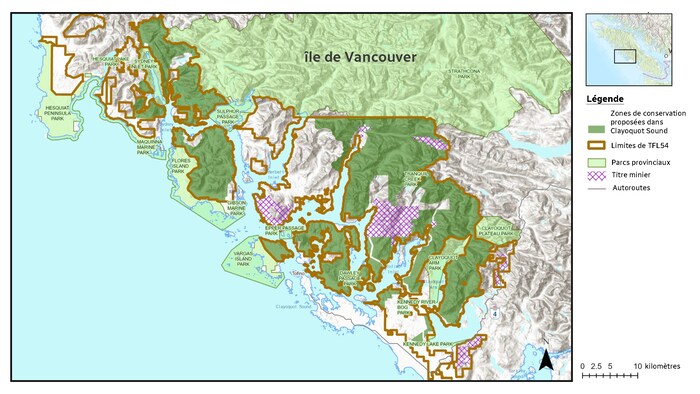 Carte montrant les propositions des zones de conservation dans Clayoquot Sound.