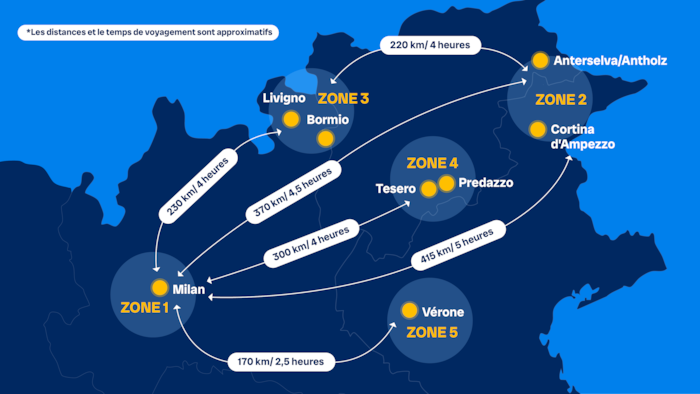 Une carte du nord de l'Italie avec les itinéraires entre les différents sites qui accueilleront des épreuves aux Jeux olympiques de Milan-Cortina.