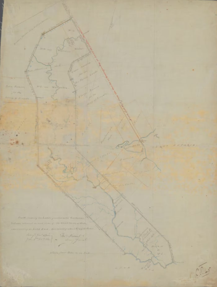 Une carte de 1821 montrant les terres concédées aux Six Nations. 
