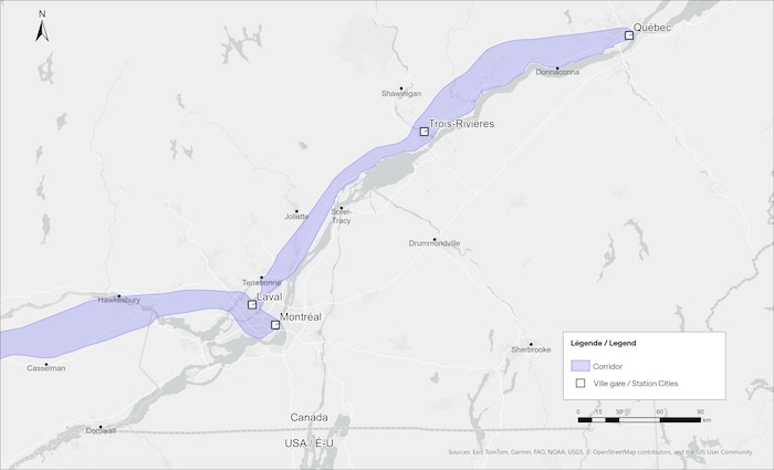 La carte montre le tracé qui reliera Québec à Montréal, en passant par Trois-Rivières et Laval.