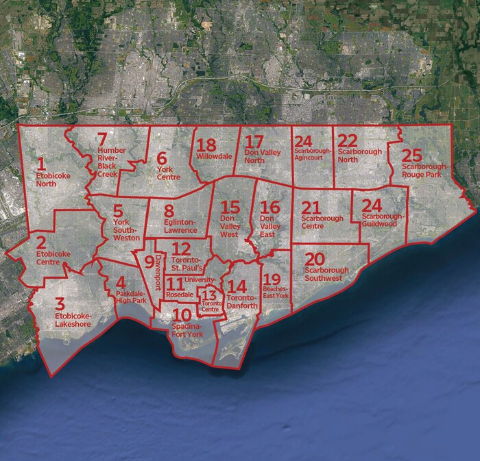 Photo d'une carte de Toronto divisée en 25 arrondissements.