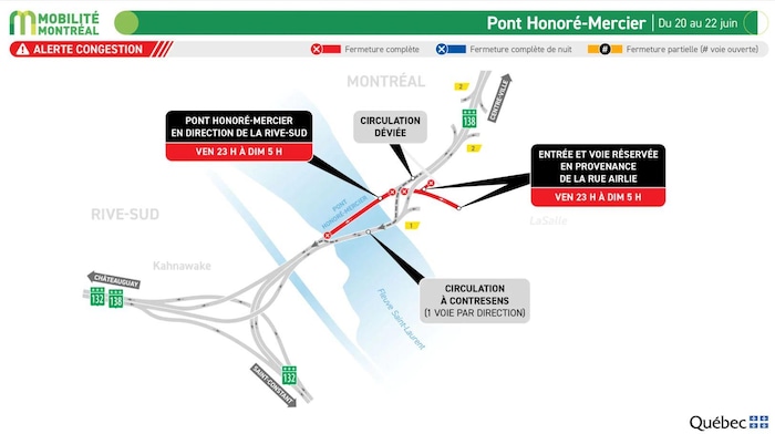 Carte des travaux sur le pont Honoré-Mercier en fin de semaine.
