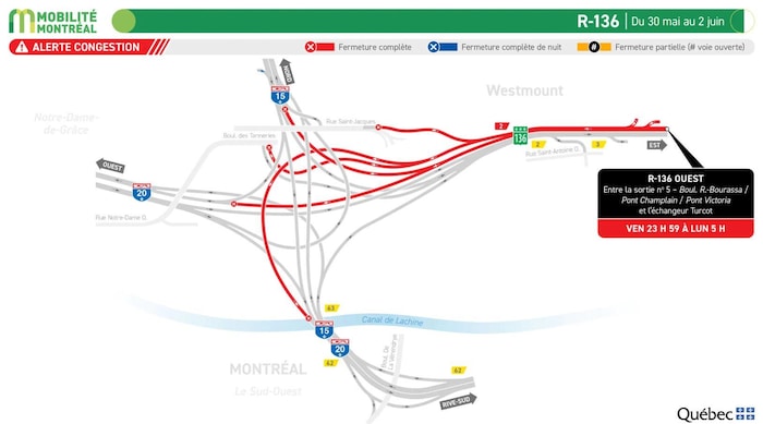 Carte des entraves sur la route 136 ce week-end.