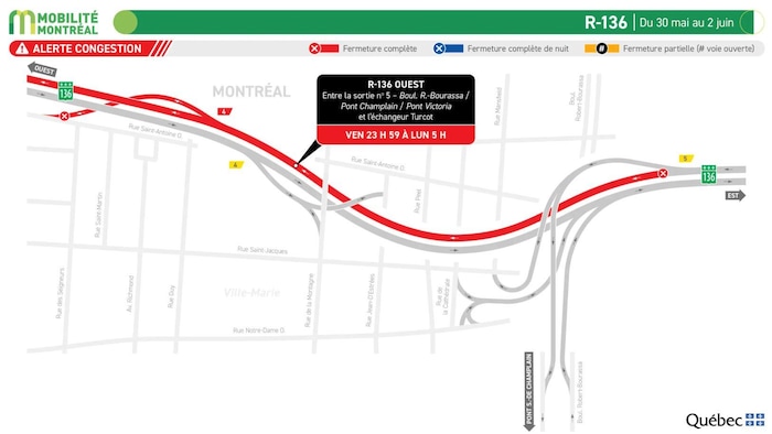 Carte des entraves sur la route 136 ce week-end.