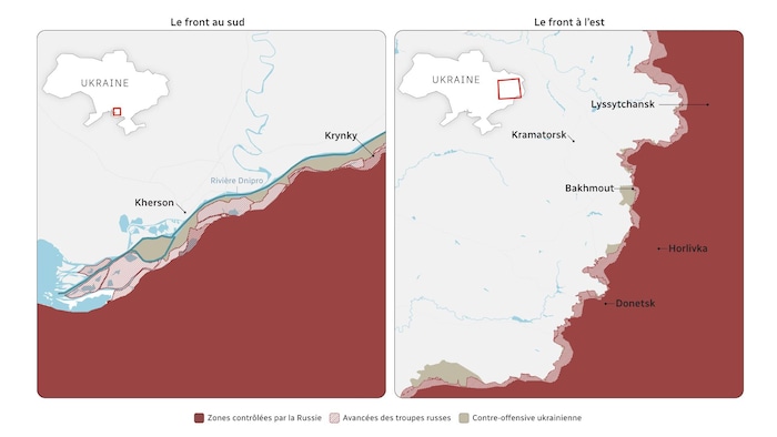 Deux cartes montrant le front au sud et le front à l'est en Ukraine.