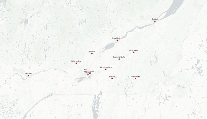Carte de villes québécoises qui ont manifesté leur intérêt pour accueillir des réfugiés syriens.