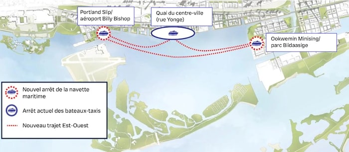 Une carte du trajet de la navette maritime proposé par Waterfront Toronto.