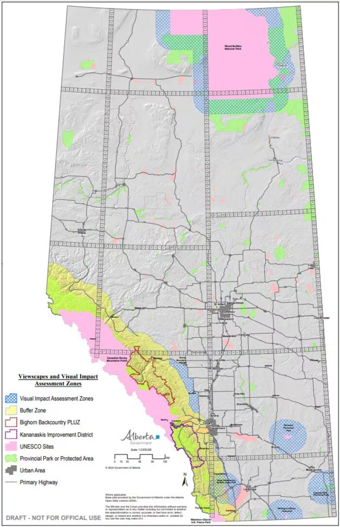 Carte de l'Alberta montrant les zones interdites au développement de l'énergie renouvelable.