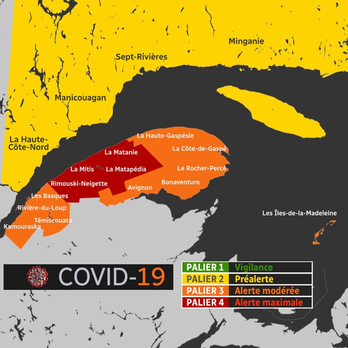 Une carte illustrant les secteurs en rouge, en orange et en jaune dans l'Est-du-Québec.