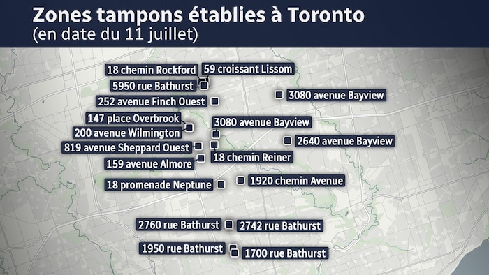 Une carte de Toronto qui montre 19 emplacements.
