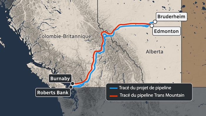 Carte du tracé du futur pipeline qui relierait l'Alberta à la Colombie-Britannique.
