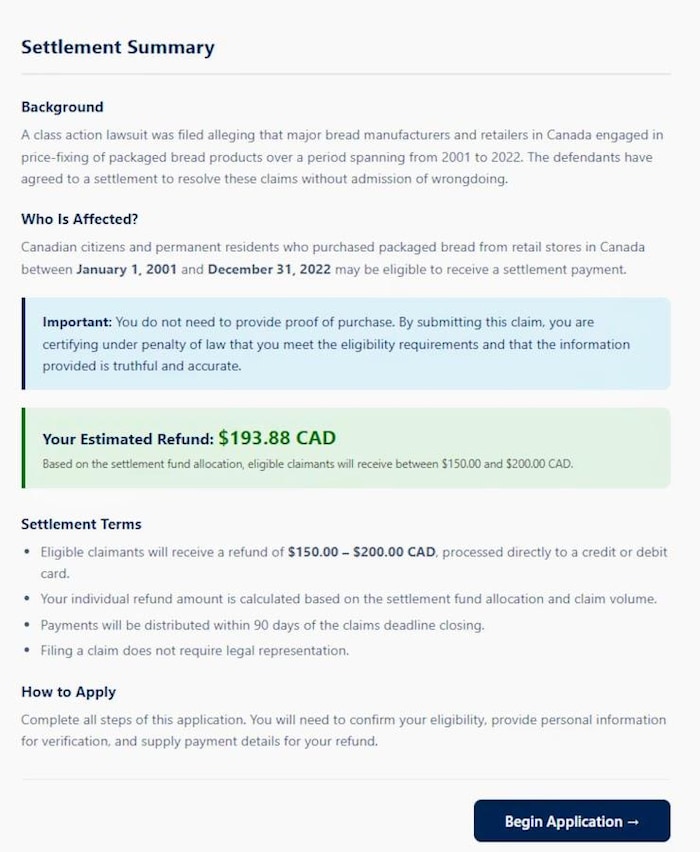 Un formulaire sur un site Web intitulé « Résumé du règlement », fournissant des informations générales et invitant les internautes à déposer leur demande.