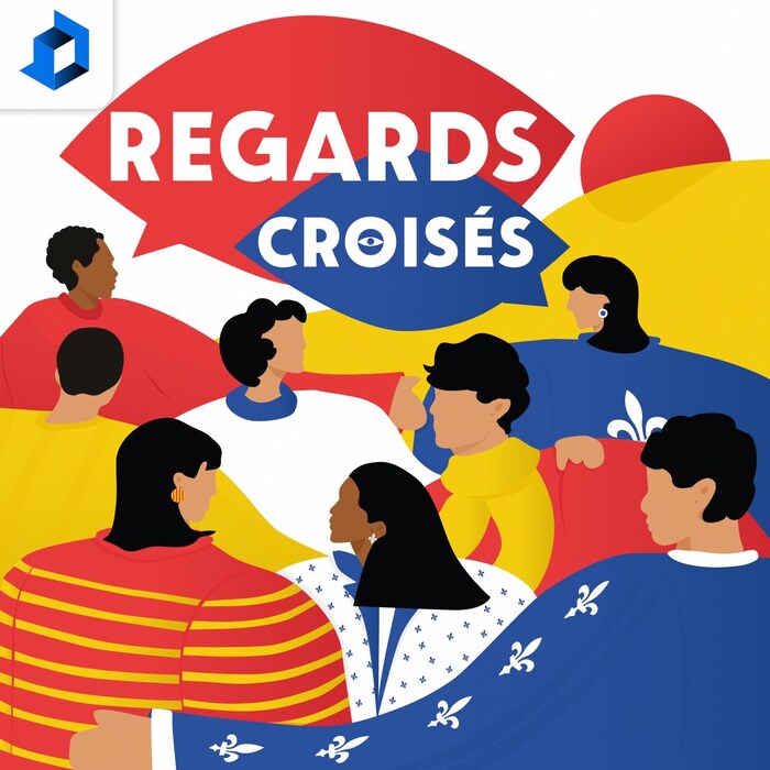 Logotype de la production sonore Regards croisés Québec-Catalogne qui aborde des thèmes historiques à travers le sport, la langue, la science et la technologie.