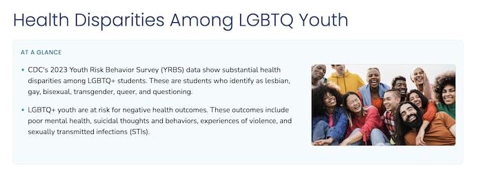 Une page du site web du CDC américain qui parle des disparités en santé chez les jeunes de la communauté LGBTQ.