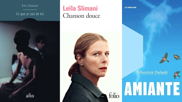 Couverture des livres Ce que je sais de toi d'&Eacute;ric Chacour, Une chanson douce de Le&iuml;la Slimani et Amiante de S&eacute;bastien Dulude.