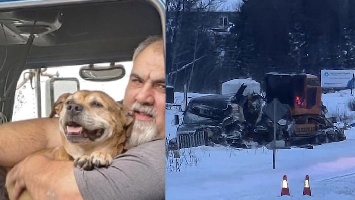 Une photograph d'André Luneau et de lad camion après l'incident.