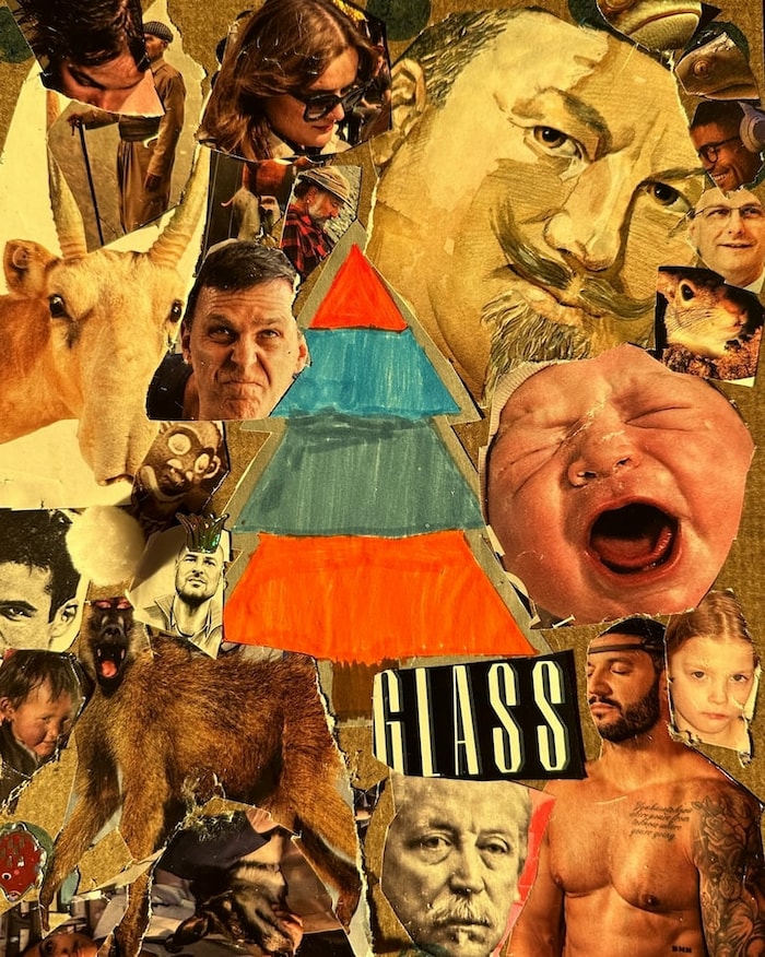 Un collage de découpes de magazines montre des visages humains et des animaux.