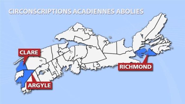 Une carte montrant les trois anciennes circonscriptions acadiennes de la Nouvelle-Écosse.
