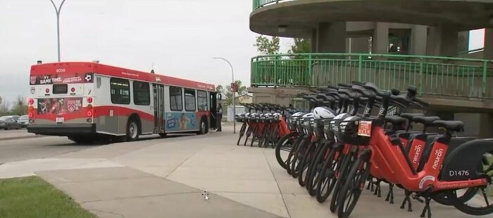 Bike share bicycles line up.