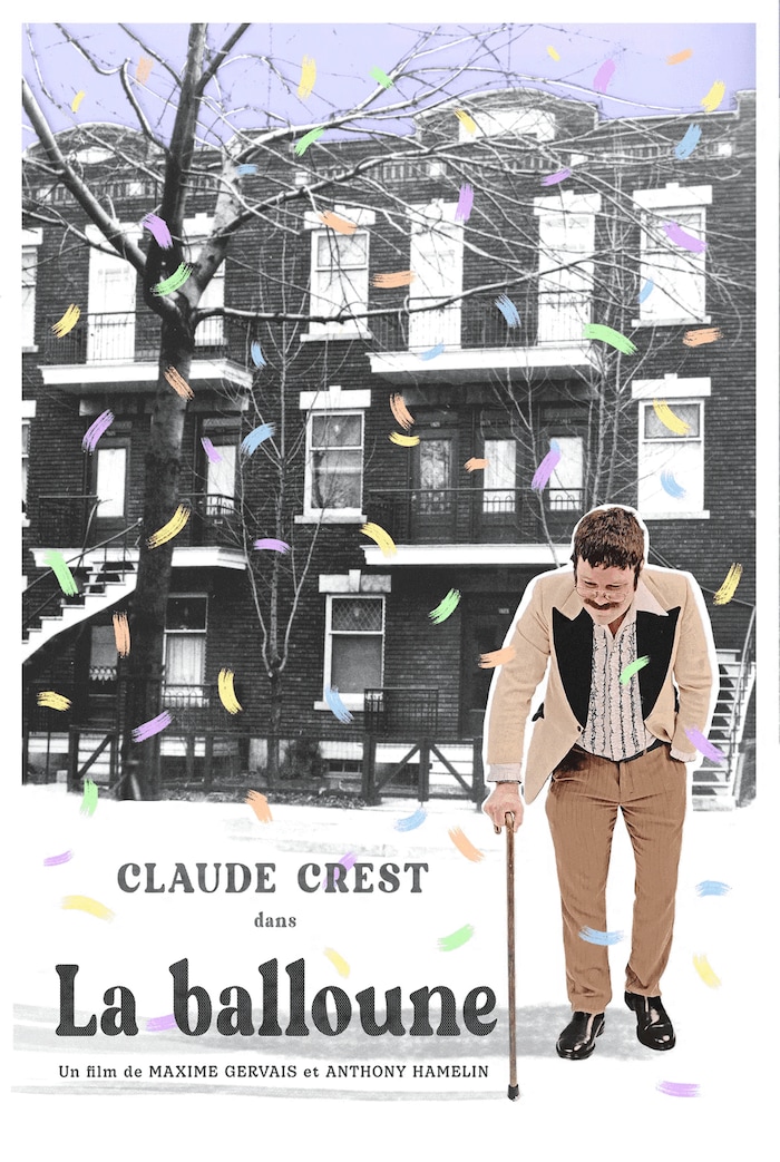 Une affiche montrant le personnage avec une canne devant des immeubles résidentiels de Montréal. 