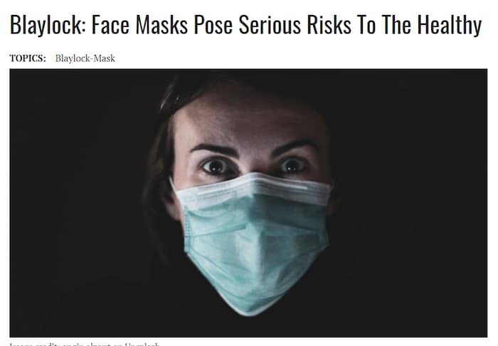 L'en-tête de l'article avec la photo d'une femme portant un masque. 