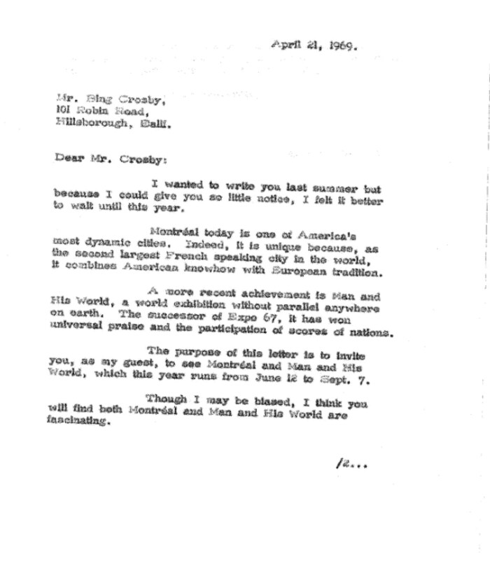 Une lettre du maire Jean Drapeau adressée à Bing Crosby
