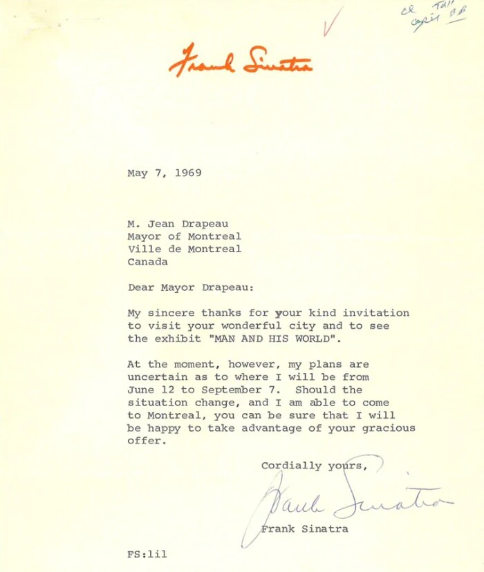 Lettre de Frank Sinatra au maire Jean Drapeau.