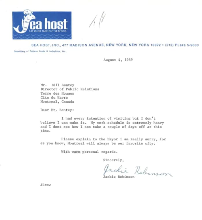 Une lettre de Jackie Robinson adressée à Bill Bantey, directeur des relations publiques du maire Jean Drapeau.