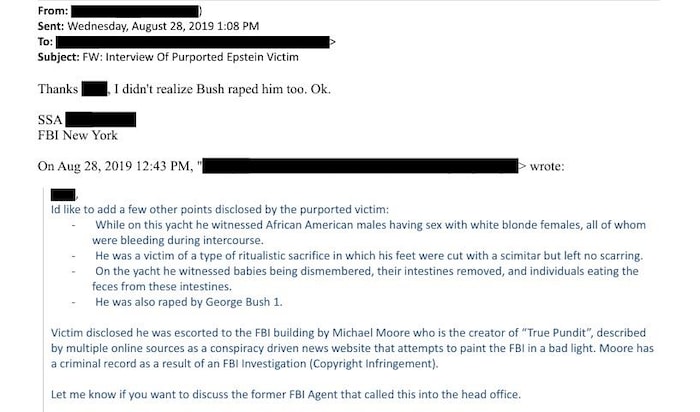 Capture d'écran du courriel qui mentionne le « sacrifice rituel » et le démembrement de bébés. 