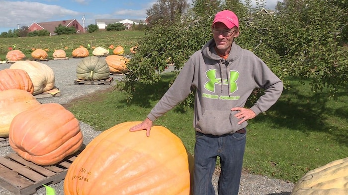 Un fermier debout s'appuie sur une citrouille de 634 livres.