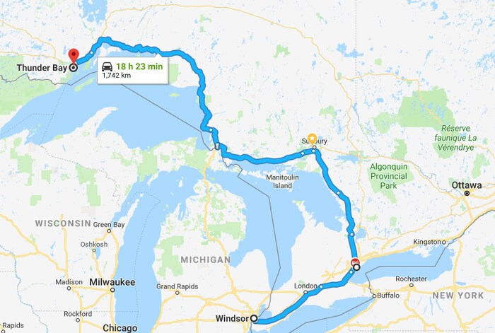 Carte montrant la distance entre Thunder Bay et Windsor.
