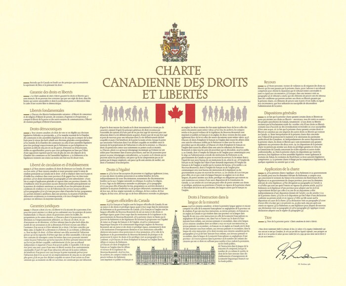 Le document officiel de la Charte canadienne des droits et libertés sur un papier de couleur jaune, avec un drapeau du Canada en tête
