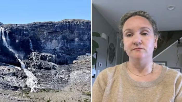 Un photomontage d'un éboulement de roches et d'une femme ayant été témoin de l'incident, dans le parc national Banff, en Alberta, le 19 juin 2025.
