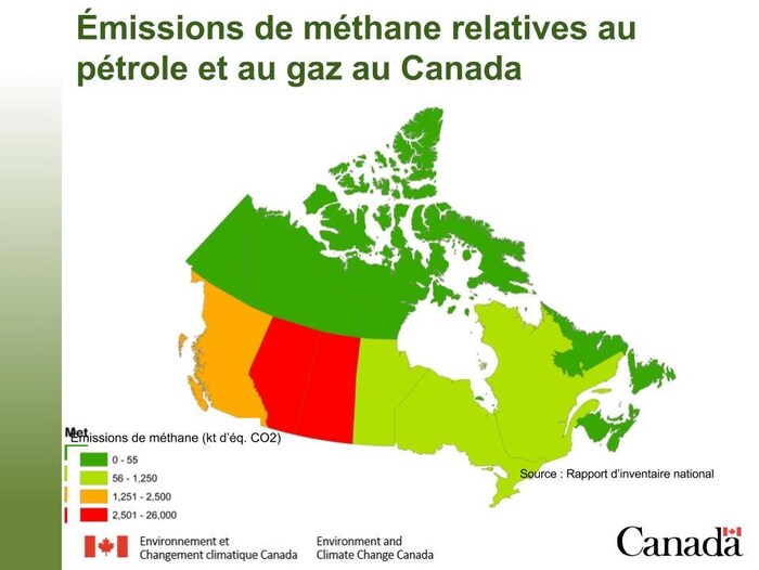 Une carte du Canada avec les émissions de méthane relatives au pétrole et au gaz