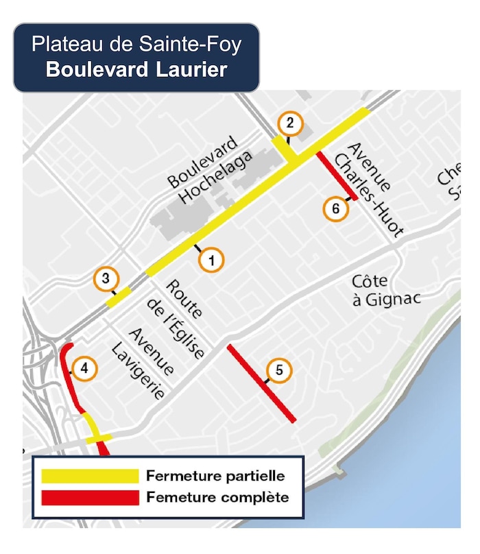 Capture d'écran d'une carte des conditions de déplacements anticipées à l'automne 2026 dans le secteur Plateau de Sainte-Foy - boulevard Laurier. 