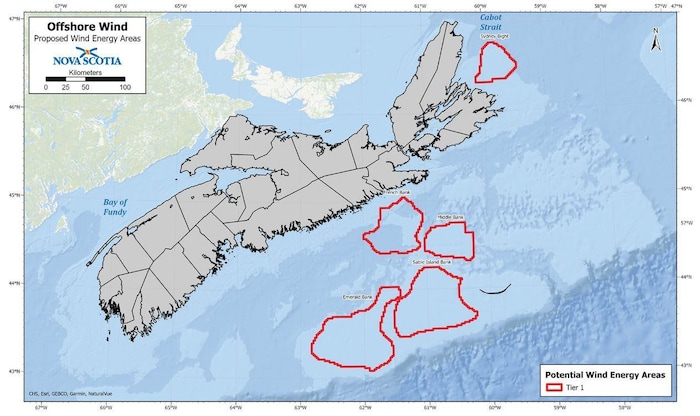 Une carte de la Nouvelle-Écosse. Autour de la province, en mer, 5 zones sont encerclées en rouge.