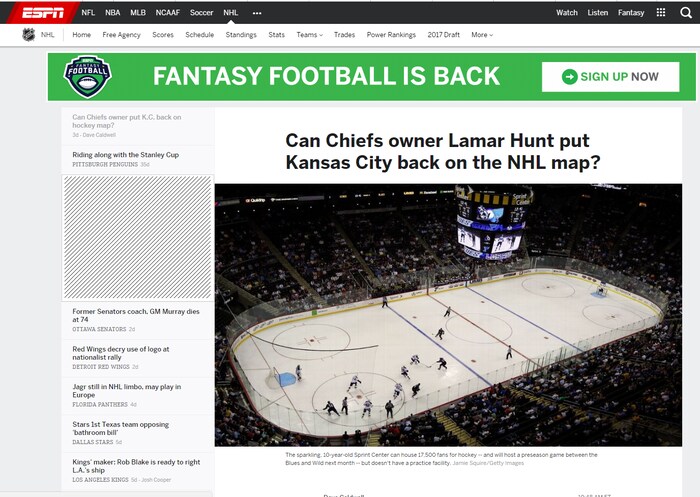 Capture d'écran de la page principale de la LNH sur le site de ESPN.