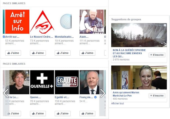 Capture d'écran des suggestions de pages reçues par le compte engagé dans le cadre d'une expérience Facebook.