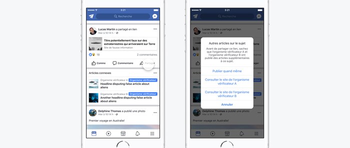 Deux écrans de téléphones intelligents affichent des fonctionnalités de Facebook dans le cadre de son programme de lutte contre les fausses nouvelles.