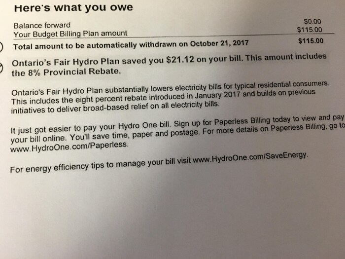 Exemple de facture de Hydro One