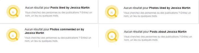 On voit quatre recherches qui n'ont obtenu aucun résultat pour Jessica Martin: les publications qu'elle a aimées, les photos qu'elle a aimées, les commentaires qu'elle a laissés sous des photos et les publications à son propos.