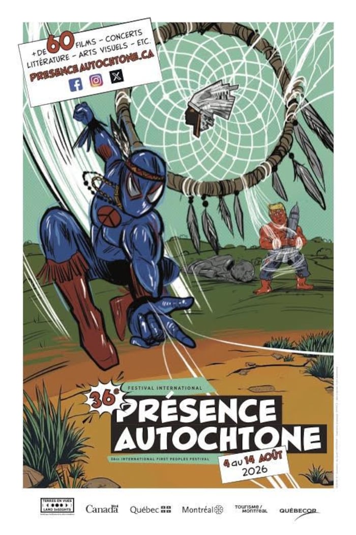Affiche du Festival international Présence autochtone qui montre un superhéros. 