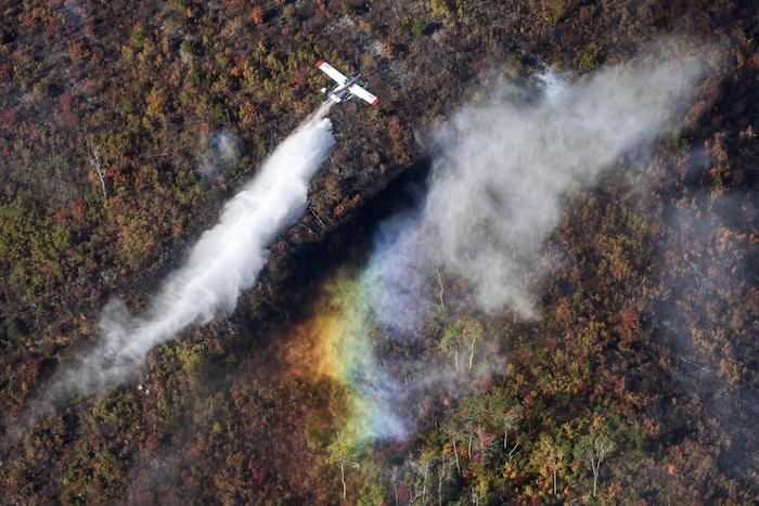 Une fumée qui prend les couleurs des feuilles d'automne s'élève au-dessus d'une forêt qui brûle, survolée par un avion qui laisse tomber une cargaison d'eau.