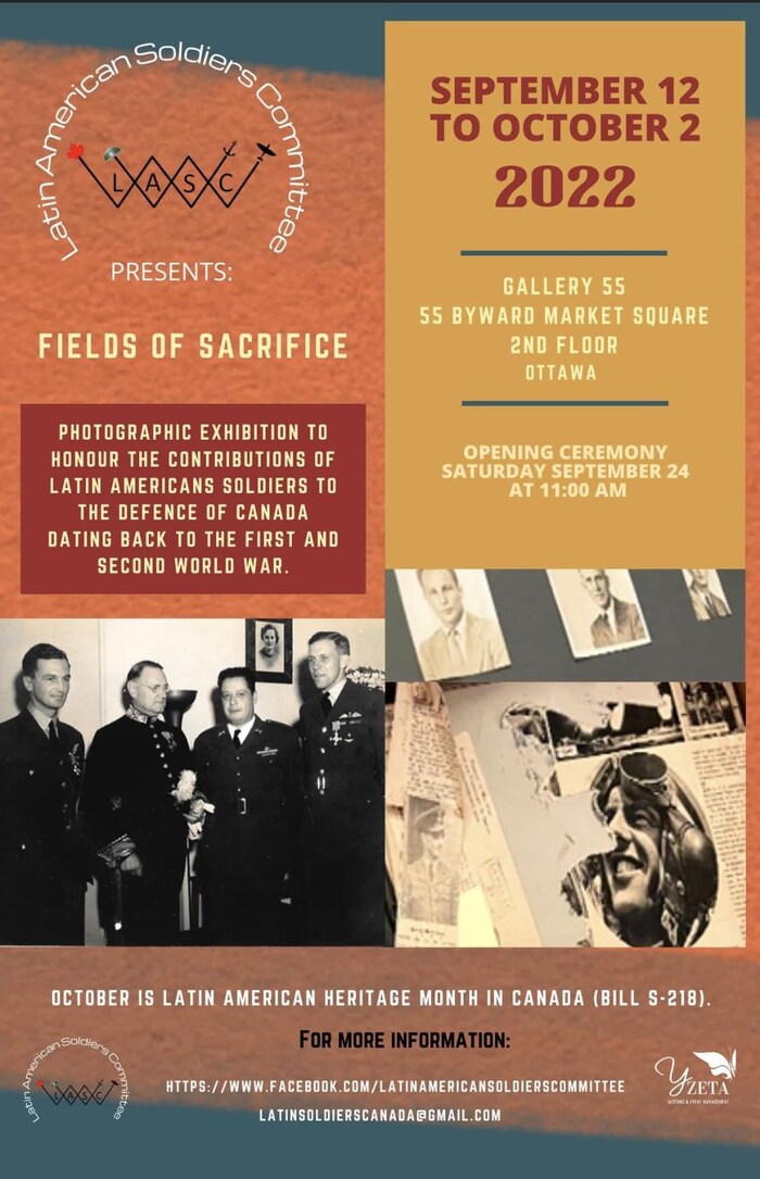 Affiche de l'exposition Fields of Sacrifice, organisé par le Comité des Soldats Latino-Américains des Forces Armées du Canada.