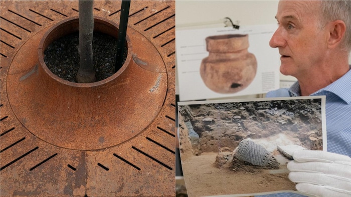 Montage de 2 photos. À gauche, une fosse d'arbre avec des rainures obliques. À droite, un morceau de poterie autochtone dont les rainures ont inspiré le design de la fosse d'arbre.