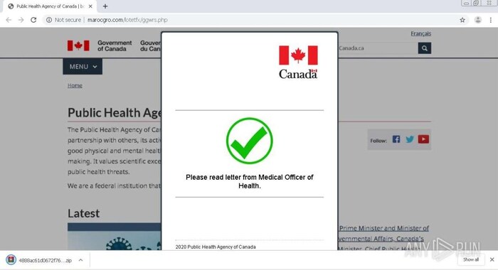 Capture d'écran d'un site frauduleux du gouvernement du Canada, qui demande aux gens de télécharger un fichier.