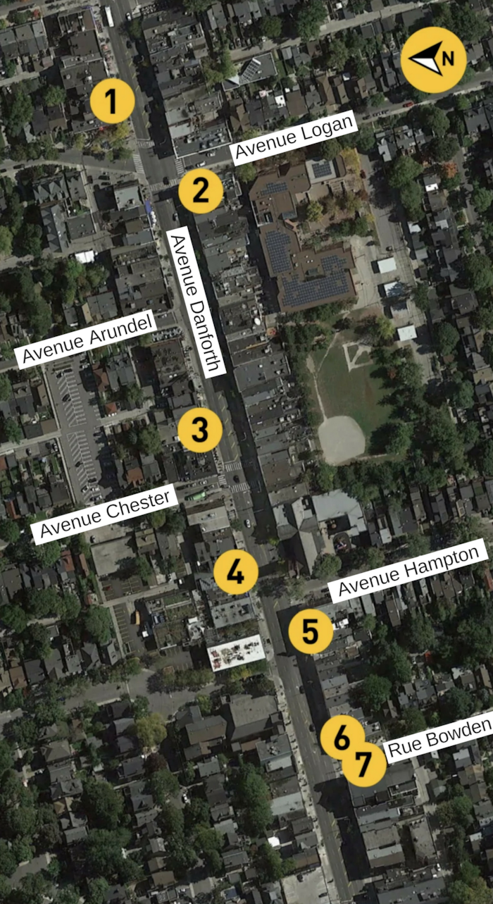 Sur une carte Google, les 7 différents points le long de l'avenue Danforth
