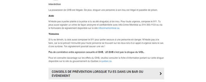 Capture d'écran du site web du SPVM sur lequel il est encore écrit qu'il n'existe pas de corrélation entre agression sexuelle et GHB et que le GHB n'est pas la drogue du viol.